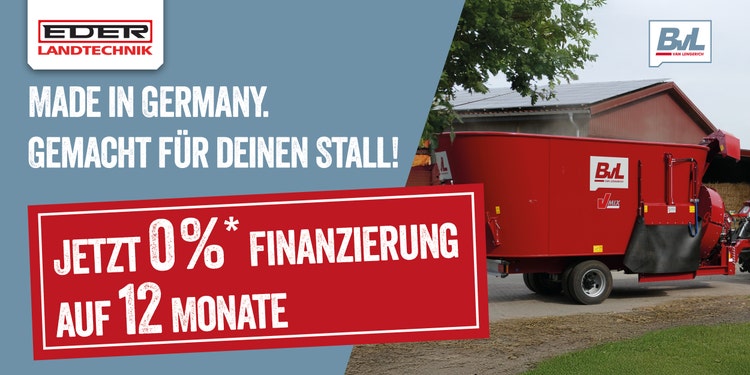 Headerbild BvL Finanzierungsaktion mit einem BvL Futtermischwagen im Hintergrund under 0% Finanzierung im Vordergrund
