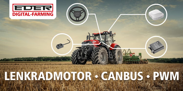 Ein Traktor auf dem Feld bei der Bodenbearbeitung. Umgeben von Anbauteilen des Fleetpro Systems von CNH