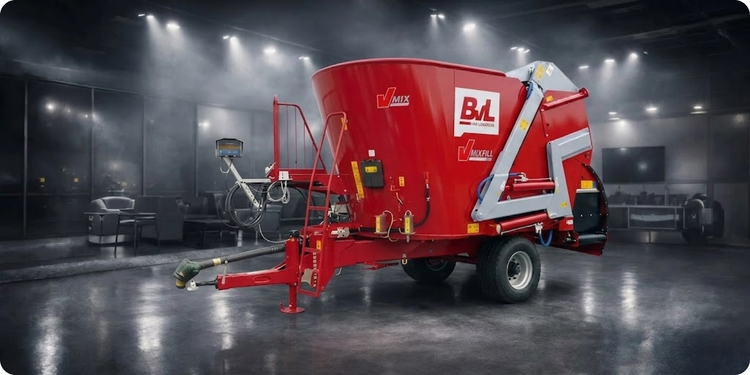 BvL V-MIX Fill Plus LS Pro Selbstladender Futtermischwagen in einer Halle