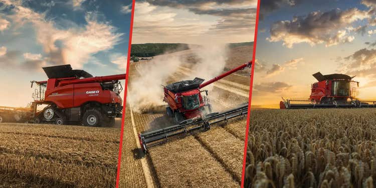 Drei Case IH Mähdrescher mähen in verschiedenen sichten ein Feld