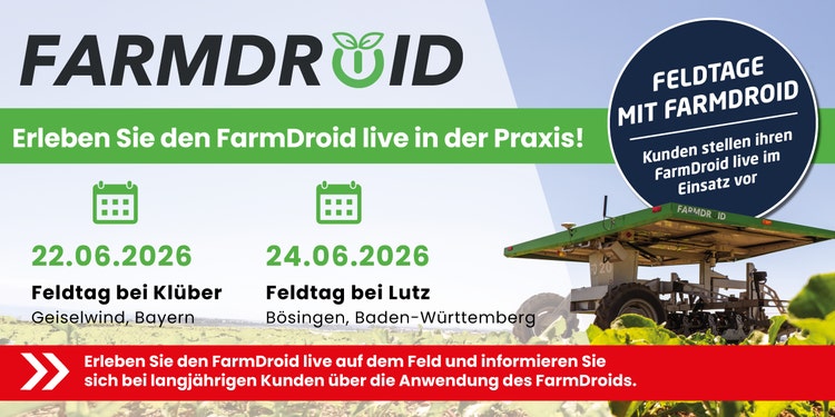 Aktionsbanner zu den FarmDroid Feldtagen in Mellrichstadt und Gärtringen