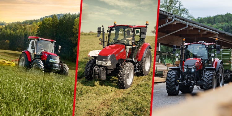 Header Case IH Farmall A und C Serie. Feldarbei, Gras mähen, Holztransport im Sägewerk