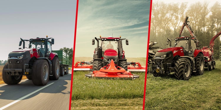 Case IH Magnum Serie Range. Traktor beim Transport von Gütern, Mähen von Gras und Hacken von Holz.