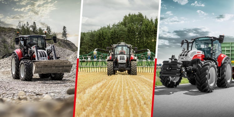 Header Steyr Multi Serie. Frontladerarbeit, Gülle ausbringen, Straßentransport