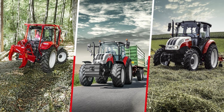 Steyr Komapkt Serie Übersicht. 3 verschiedene Einsätze mit dem Steyr Komakt 4075. Waldarbeit, Anhängertransport und Kreiselarbeitend.