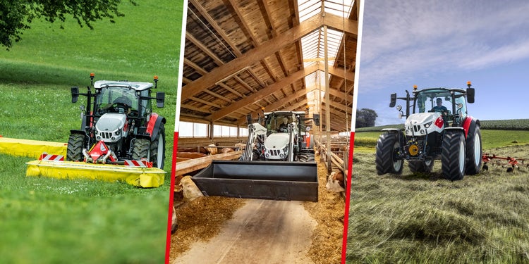 Header Steyr Plus Serie. Gras Mähen, Frontladerarbeit im Stall, Feldarbeit mit dem Kreiselheuer