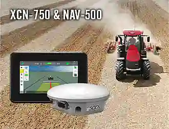 Bild eines RTK Display, eines Sensores und einem Traktor auf dem Feld im Hintergrund. 