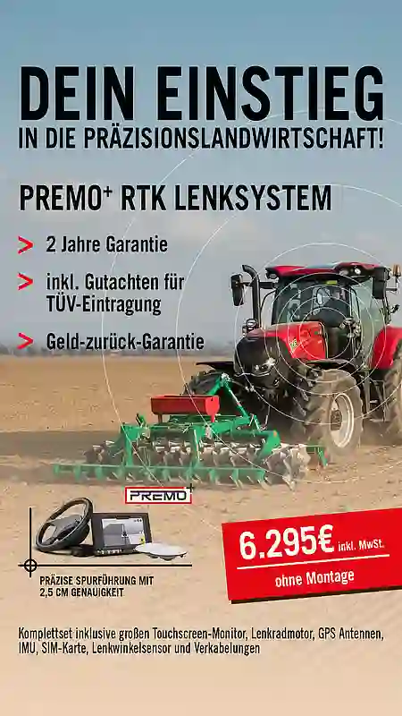 Bild eines Case Traktores mit installiertem premo+ Lenksystem